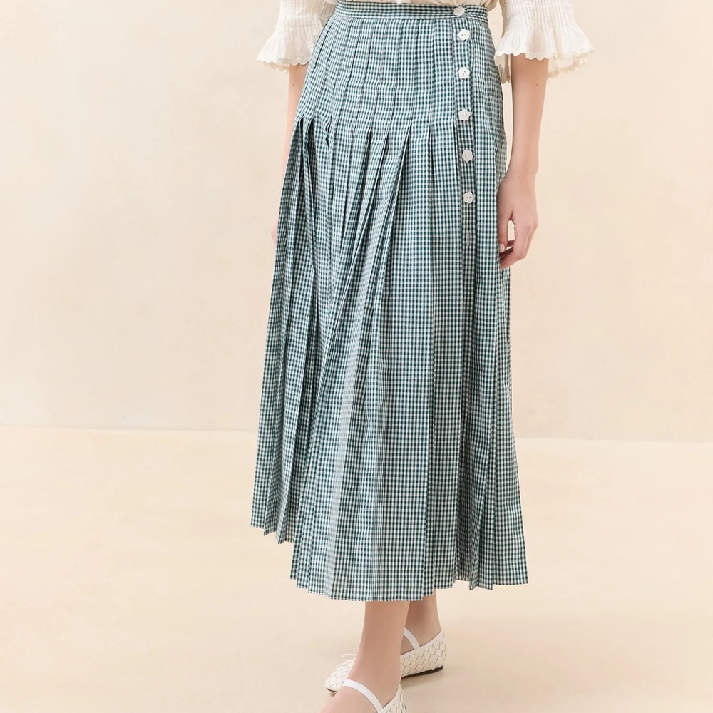 Loeffler Randall Emlyn Midi Skirt - Green Gingham / US 6